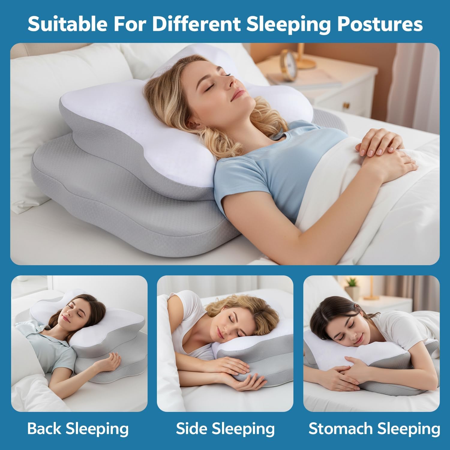 Nontoxic Talc-Free Cervical Memory Foam Pillow for Neck and Shoulder, Butterfly-Shaped Ergonomic Breathable Pillow for Side Back Stomach Sleepers with Pillowcase, Skin-Friendly Fabric