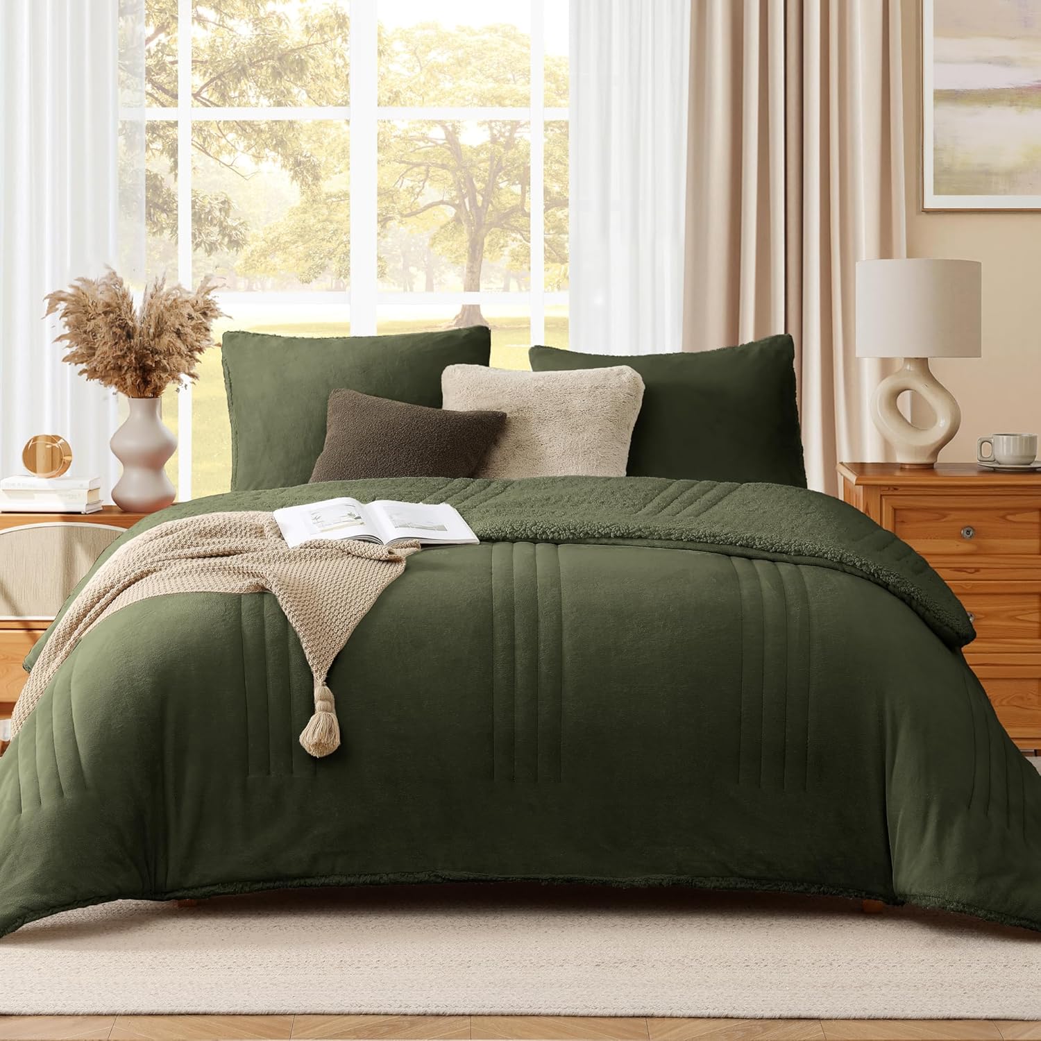 Monbix Fluffy Queen Comforter Set Sage Green, Sherpa Plush Fuzzy Comforter 3 Piece for Queen Size Bed, Luxury Soft Winter Warm Bedding Set