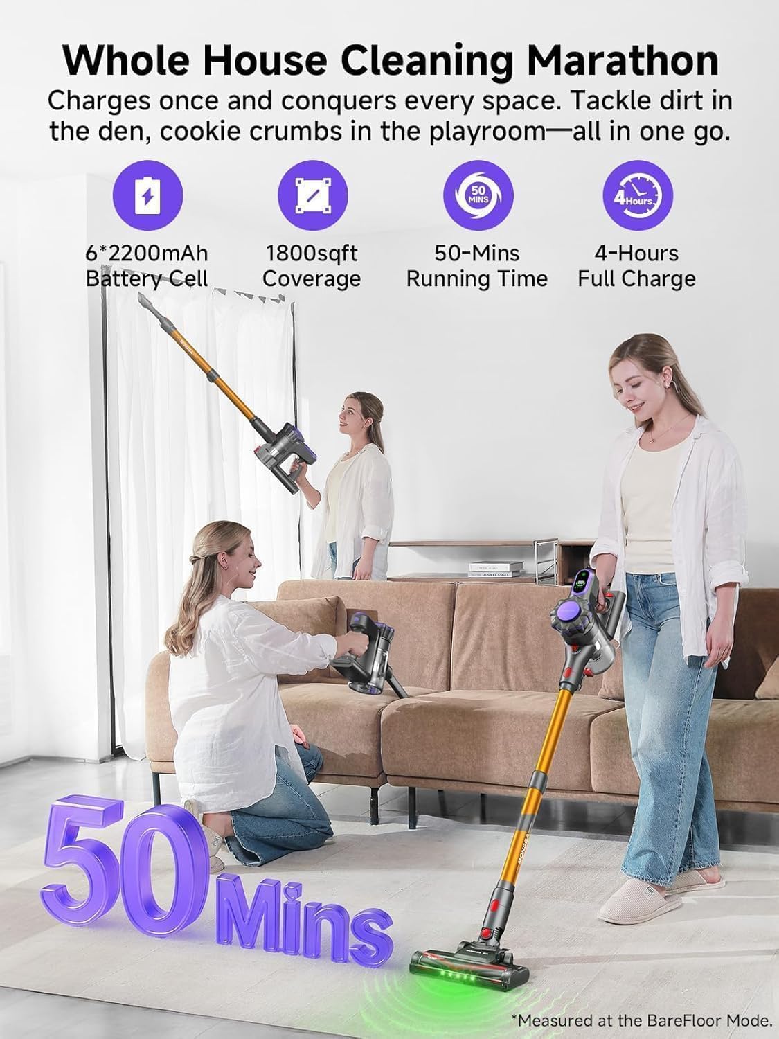MONSGA Cordless Vacuum Cleaner, 45KPa 400W Stick Vacuum for Home, 50Mins Anti-Tangled Vacuum Cleaner with Charging Dock, Light-weighted Handheld Vacuum for Pet Hair/Carpet/Floor, LED Touch Display,MV3