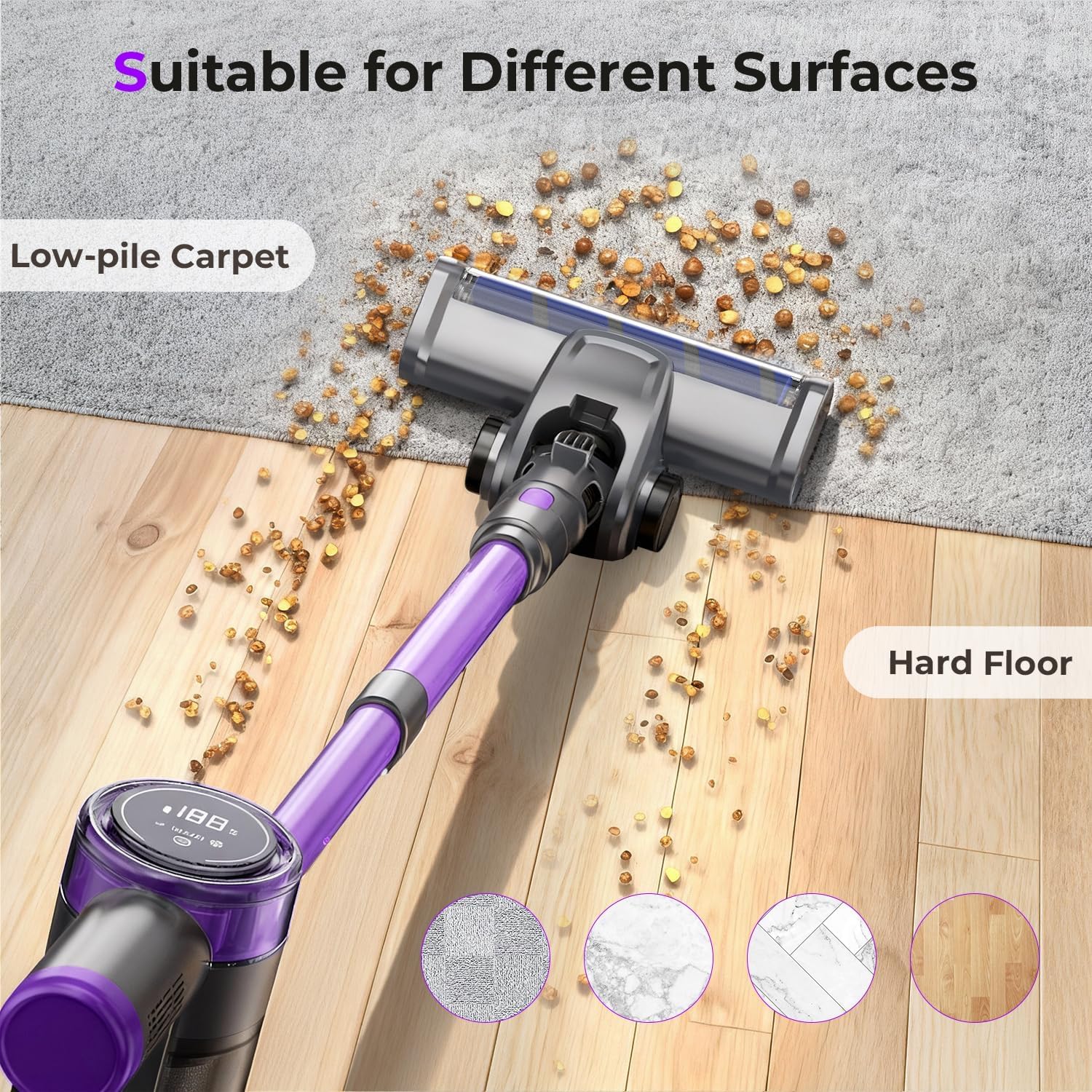 Cordless Vacuum Cleaner, 30Kpa Vacuum Cleaners for Home, Stick Vacuum with LED Display, 2 Roller Brushes for Anti-Tangle &amp; Hard Floor, 6 in 1 Lightweight Vacuum for Hard Floors Carpet Pet Hair