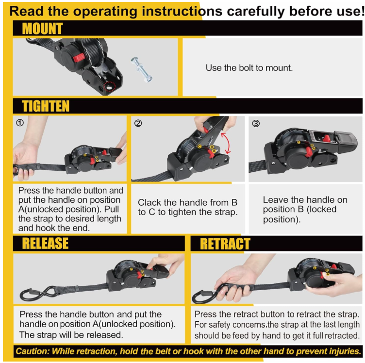 Ayaport Retractable Ratchet Straps 1 inch x 6ft Bolt-on Tie Down Straps to Trailer - 1410lbs Break Strength, Heavy Duty Trailer Strap for Cargo, Boat, Jet Ski, Motorcycles, ATV