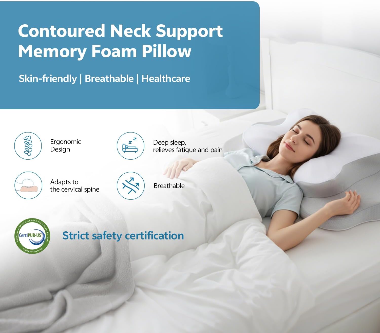 Nontoxic Talc-Free Cervical Memory Foam Pillow for Neck and Shoulder, Butterfly-Shaped Ergonomic Breathable Pillow for Side Back Stomach Sleepers with Pillowcase, Skin-Friendly Fabric