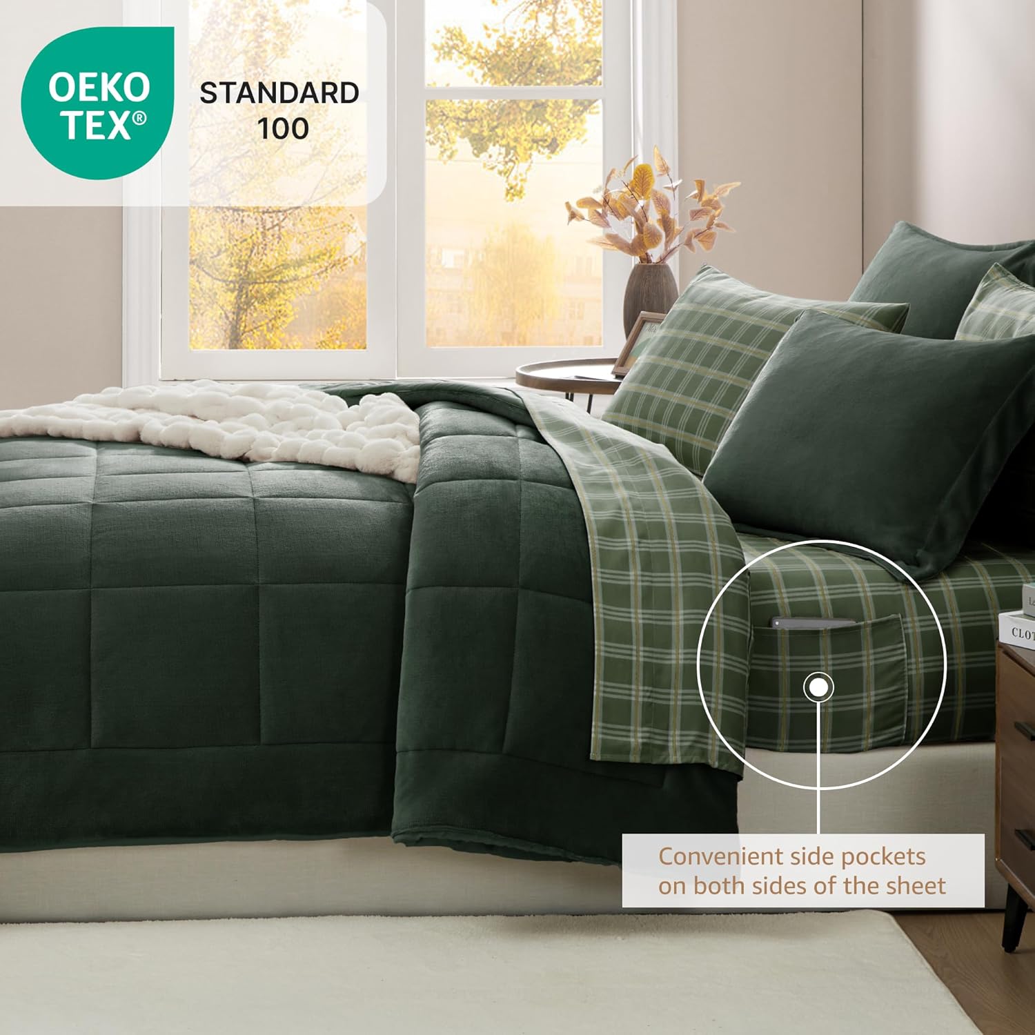 Plush King Size Comforter Set Dark Green, Flannel Velvet Comforter Sets 7 Pieces Bed in a Bag, Soft Warm Winter Bedding Set with Sheets, Pillowcases & Shams