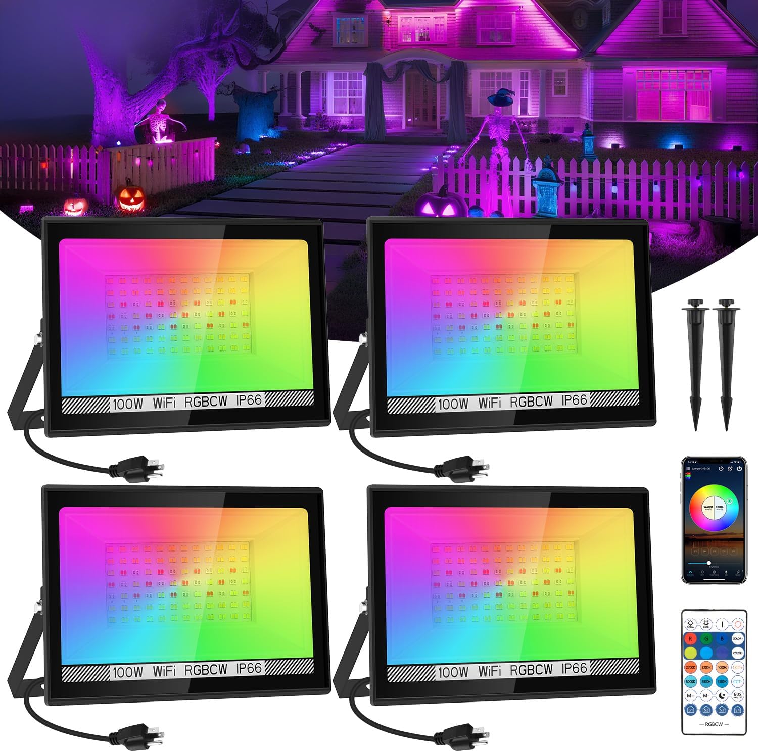T-SUN RGB Flood Lights Outdoor, 600W Equivalent Color Changing Landscape LED Light with APP Control, Waterproof Floodlight with 16 Million Colors, Timing, Music Sync (RGB-APP Control, 60W-2Pack)