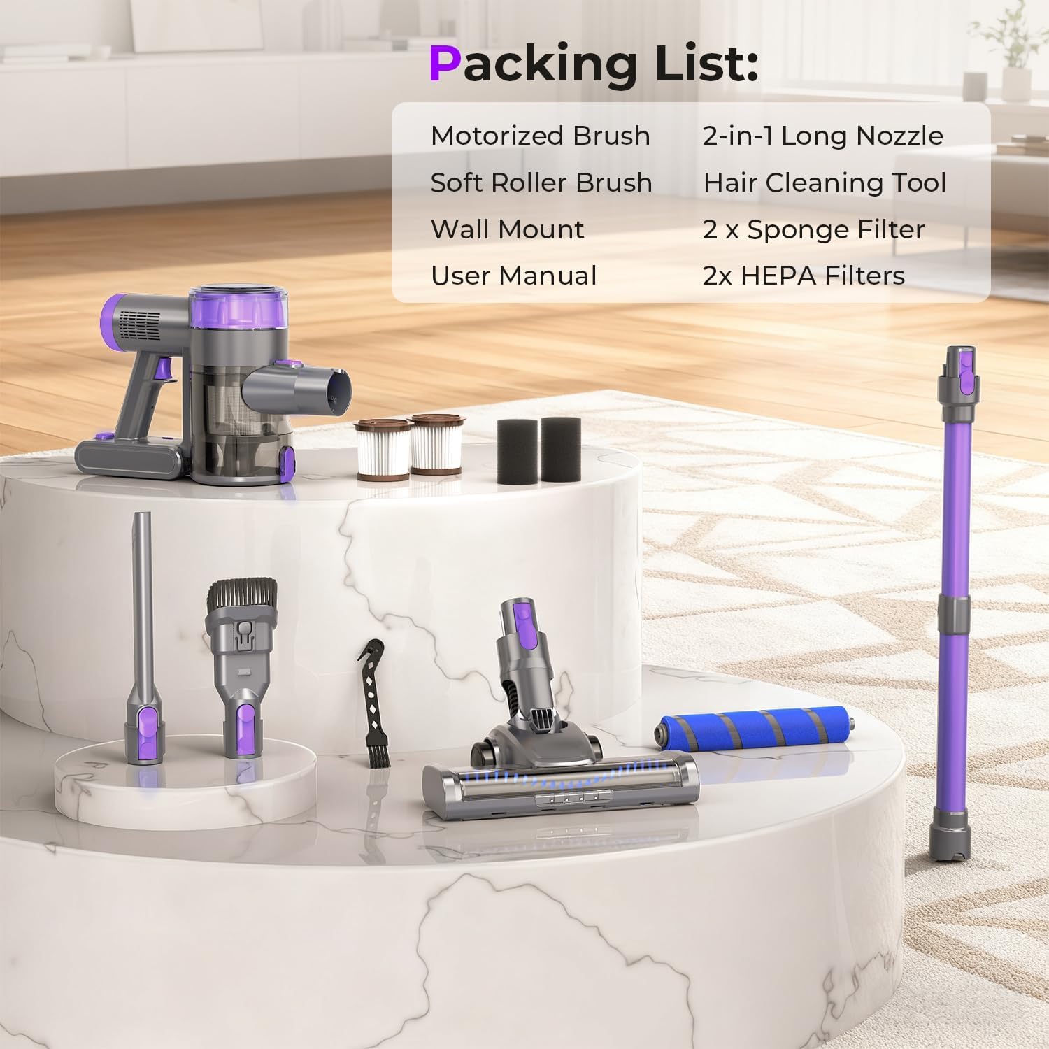 Cordless Vacuum Cleaner, 30Kpa Vacuum Cleaners for Home, Stick Vacuum with LED Display, 2 Roller Brushes for Anti-Tangle &amp; Hard Floor, 6 in 1 Lightweight Vacuum for Hard Floors Carpet Pet Hair