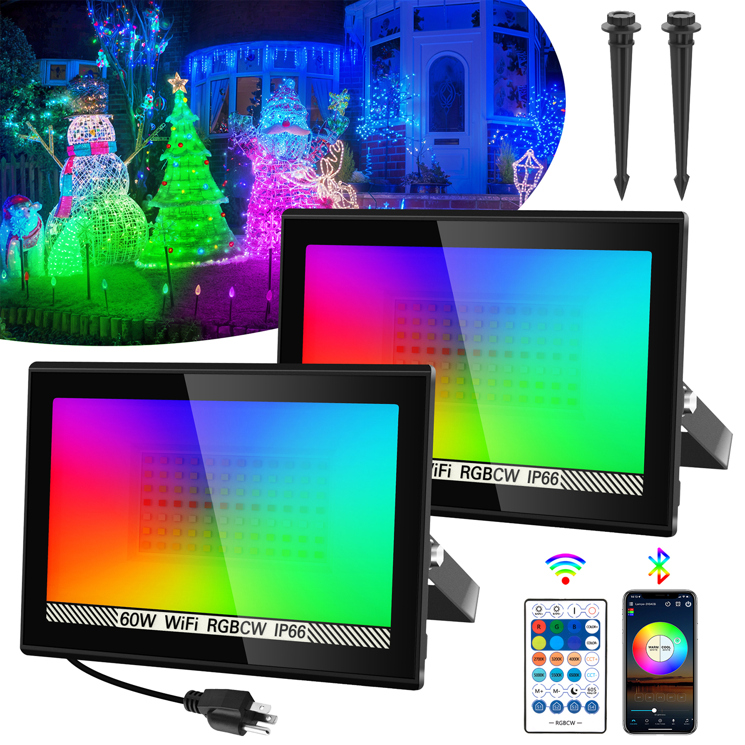 T-SUN RGB Flood Lights Outdoor, 600W Equivalent Color Changing Landscape LED Light with APP Control, Waterproof Floodlight with 16 Million Colors, Timing, Music Sync (RGB-APP Control, 60W-2Pack)