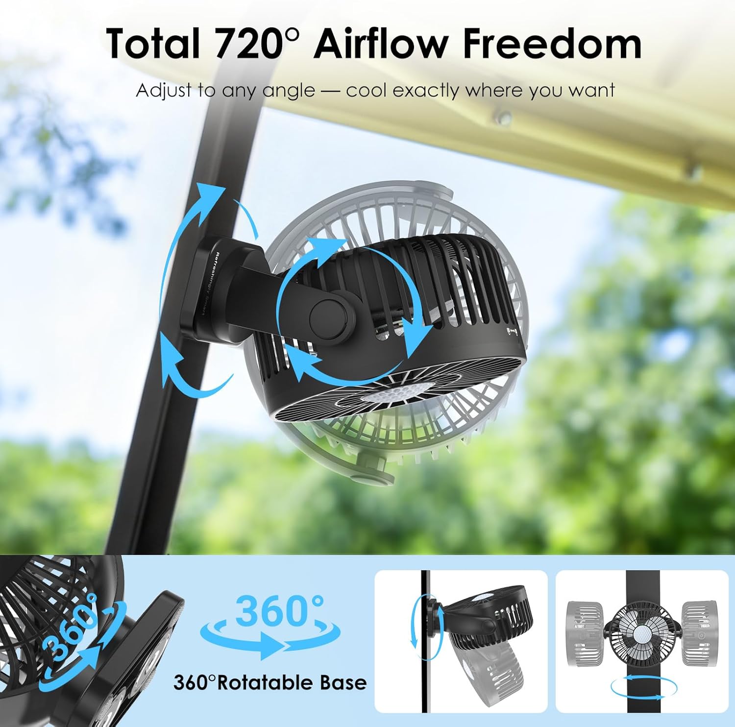 Minthouz Magnetic Golf Cart Fan, Rechargeable 12000mAh Fan, 3-Speed 360° Rotation, Timer Function, LED Lighting, Magnetic Base & Strap, Compatible with EZGO, Club Car, Yamaha Golf Carts