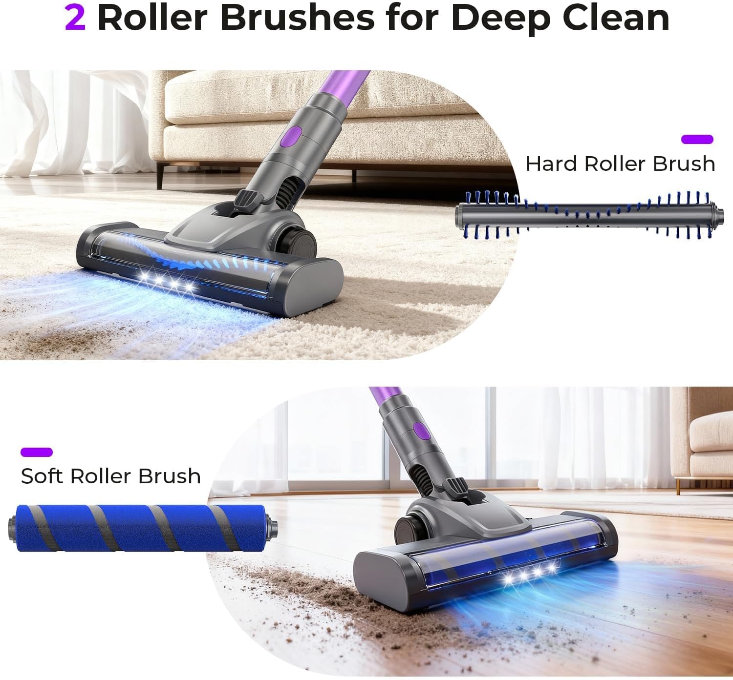 Cordless Vacuum Cleaner, 30Kpa Vacuum Cleaners for Home, Stick Vacuum with LED Display, 2 Roller Brushes for Anti-Tangle &amp; Hard Floor, 6 in 1 Lightweight Vacuum for Hard Floors Carpet Pet Hair