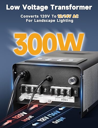 COLOER 300W Low Voltage Landscape Lighting Transformer with 2 Independent Control Output Zones, 120V AC to 12V/14V AC Low Voltage Power Pack with Timer and Photocell Sensor for Outdoor Lights
