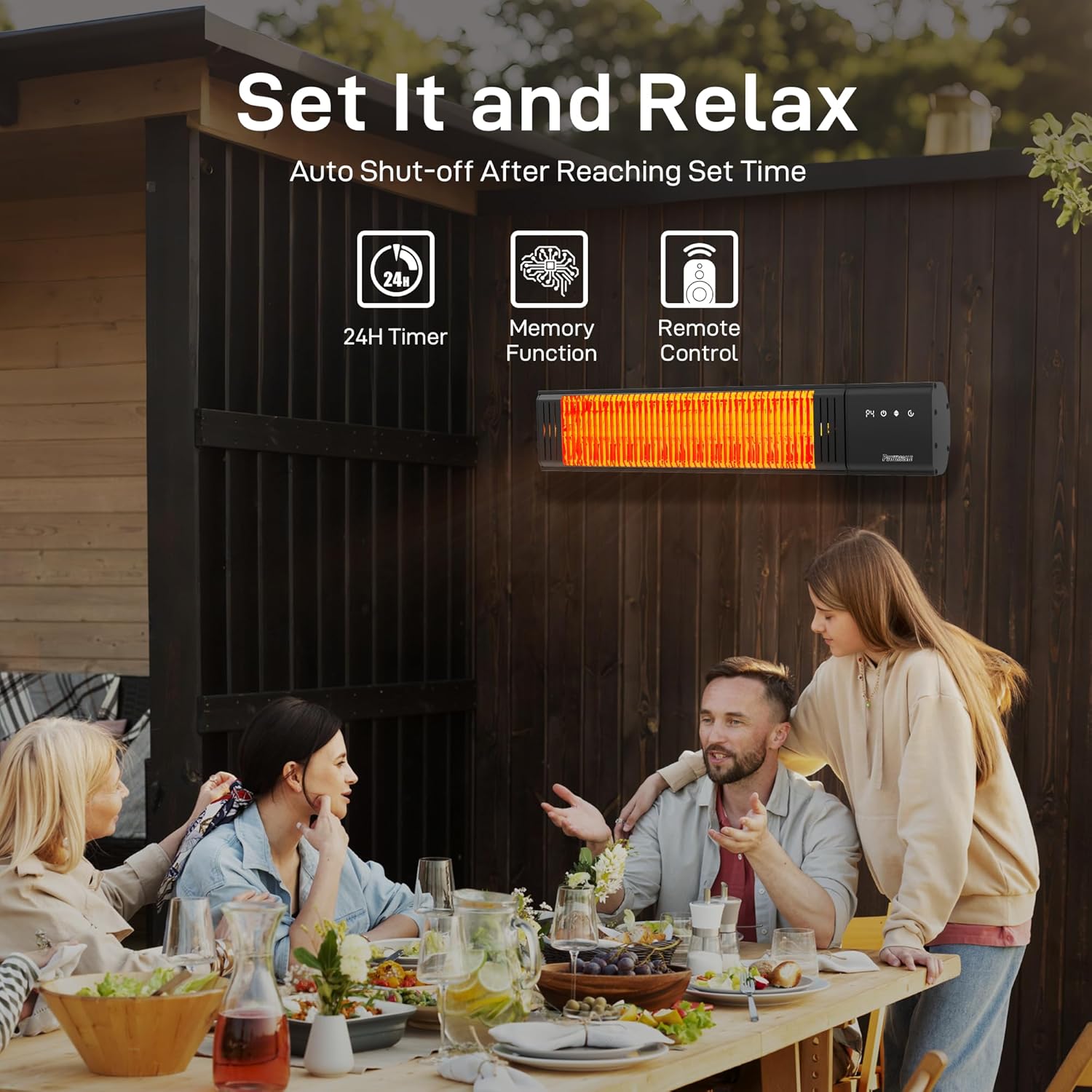 Powerscale 1500W Electric Patio Heater, IP65 Waterproof, Remote, Fast Heating, 4 Heat Levels, 24H Timer &amp; Memory Function, Wall Mounted Indoor/Outdoor Heater for Patio, Garage, Backyard, Black
