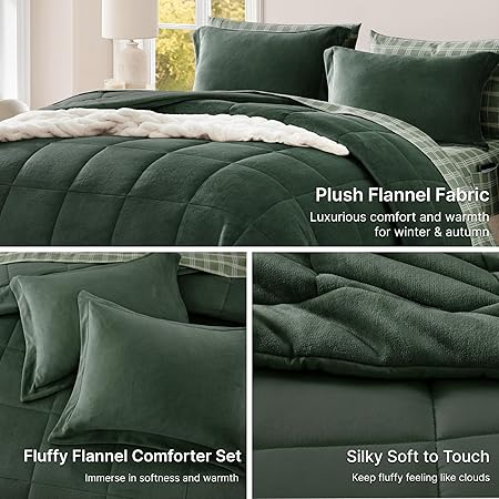 Plush King Size Comforter Set Dark Green, Flannel Velvet Comforter Sets 7 Pieces Bed in a Bag, Soft Warm Winter Bedding Set with Sheets, Pillowcases & Shams