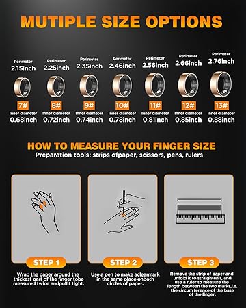 Smart Ring Health Tracker with Charging Case Sleep Heart Rate & Blood Oxygen Monitor 5ATM+IP68 Waterproof Fitness Ring No Subscription 3-7Day Battery iOS & Android Compatible for Men Women Gold 8#