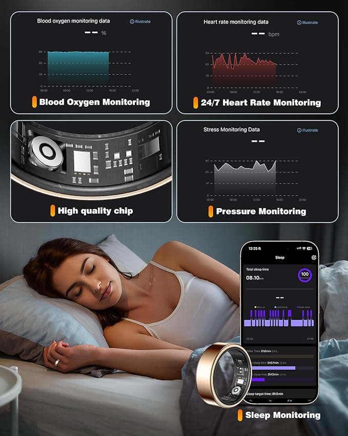 Smart Ring Health Tracker with Charging Case Sleep Heart Rate & Blood Oxygen Monitor 5ATM+IP68 Waterproof Fitness Ring No Subscription 3-7Day Battery iOS & Android Compatible for Men Women Gold 8#