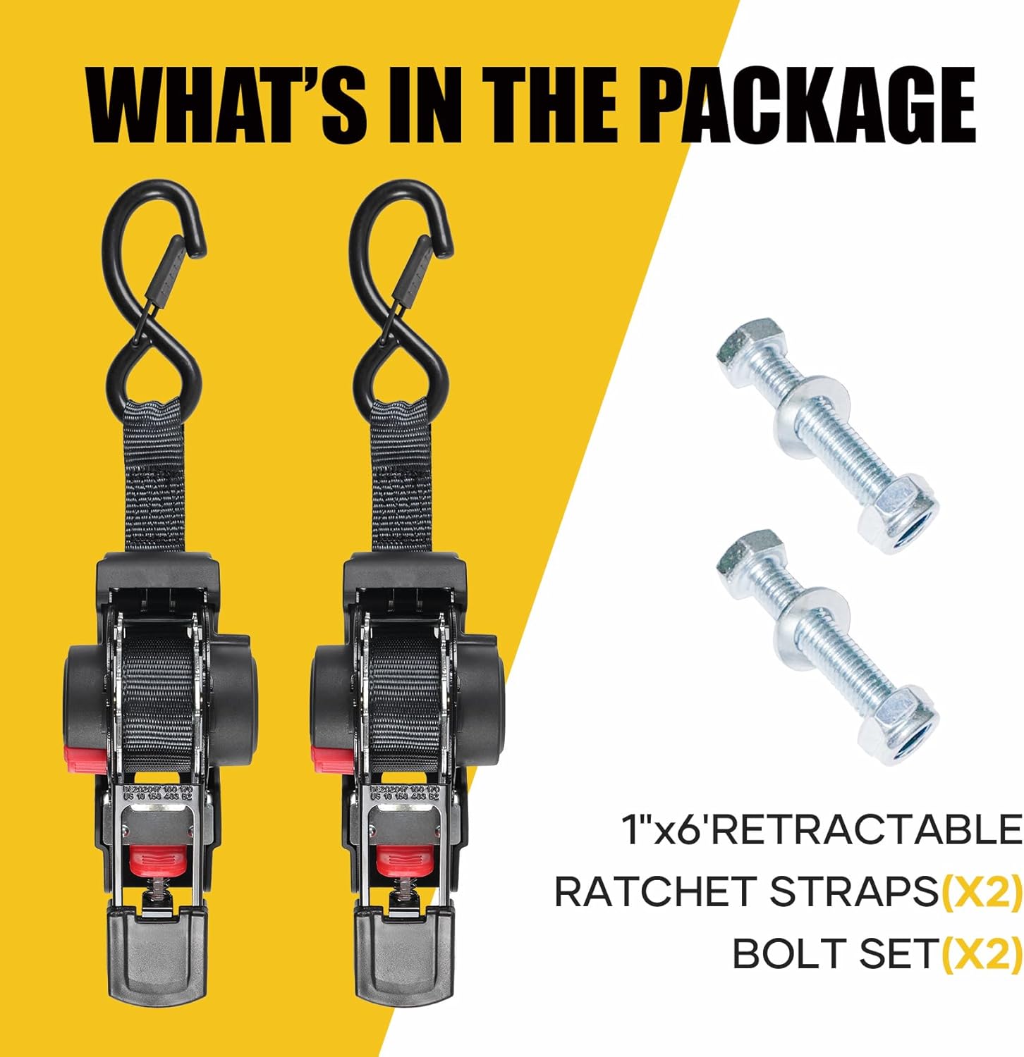 Ayaport Retractable Ratchet Straps 1 inch x 6ft Bolt-on Tie Down Straps to Trailer - 1410lbs Break Strength, Heavy Duty Trailer Strap for Cargo, Boat, Jet Ski, Motorcycles, ATV