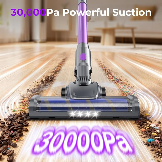 Cordless Vacuum Cleaner, 30Kpa Vacuum Cleaners for Home, Stick Vacuum with LED Display, 2 Roller Brushes for Anti-Tangle & Hard Floor, 6 in 1 Lightweight Vacuum for Hard Floors Carpet Pet Hair