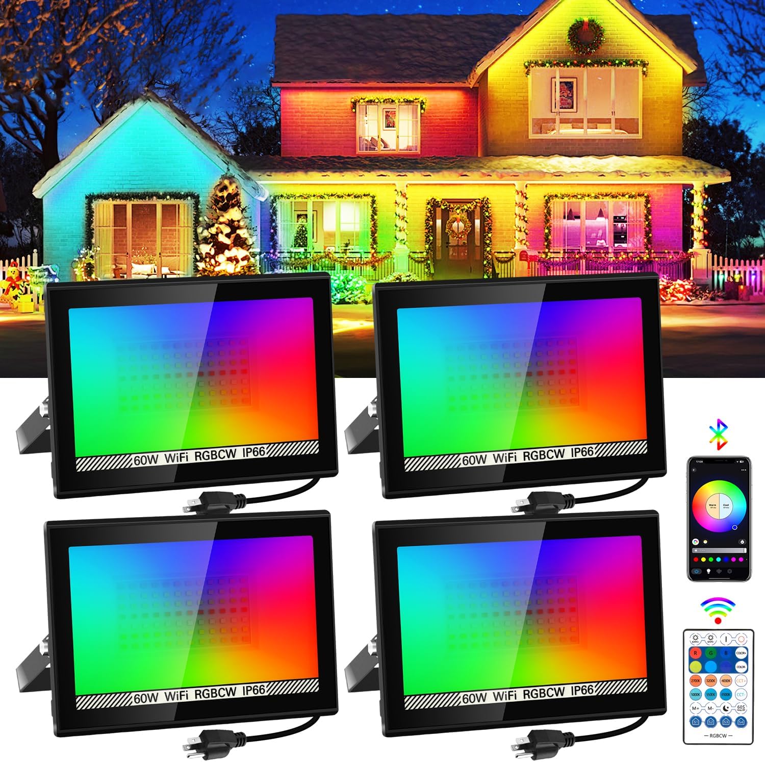T-SUN RGB Flood Lights Outdoor, 600W Equivalent Color Changing Landscape LED Light with APP Control, Waterproof Floodlight with 16 Million Colors, Timing, Music Sync (RGB-APP Control, 60W-2Pack)