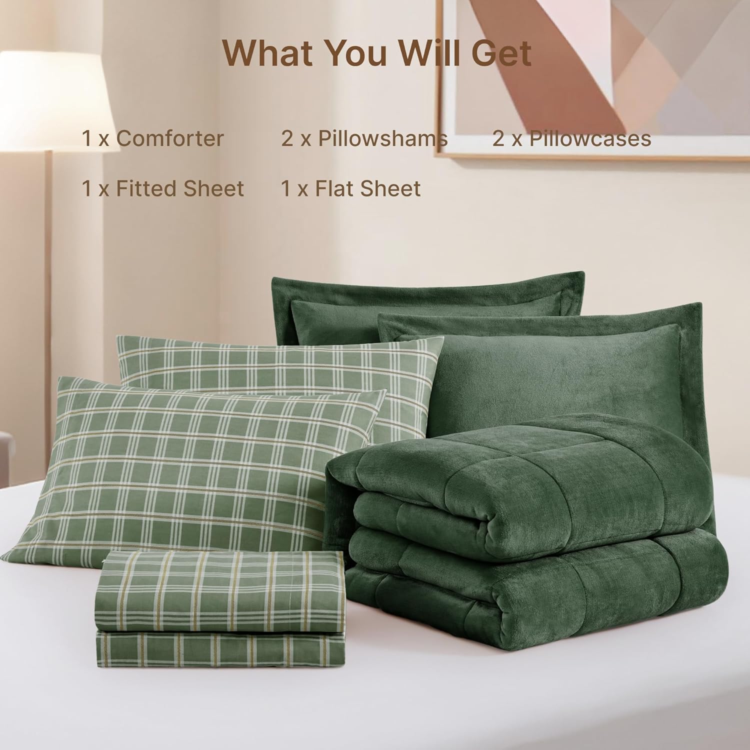 Plush King Size Comforter Set Dark Green, Flannel Velvet Comforter Sets 7 Pieces Bed in a Bag, Soft Warm Winter Bedding Set with Sheets, Pillowcases & Shams