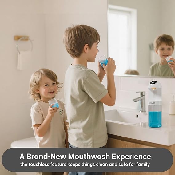 Upgraded Automatic Mouthwash Dispenser with 4 Dispensing Levels for Bathroom-GIMUBABA Smart Mouth Wash Dispenser Sets with 20.3 FL Oz Container,2 Cups & Wall Mount Accessories for Kids & Family,White