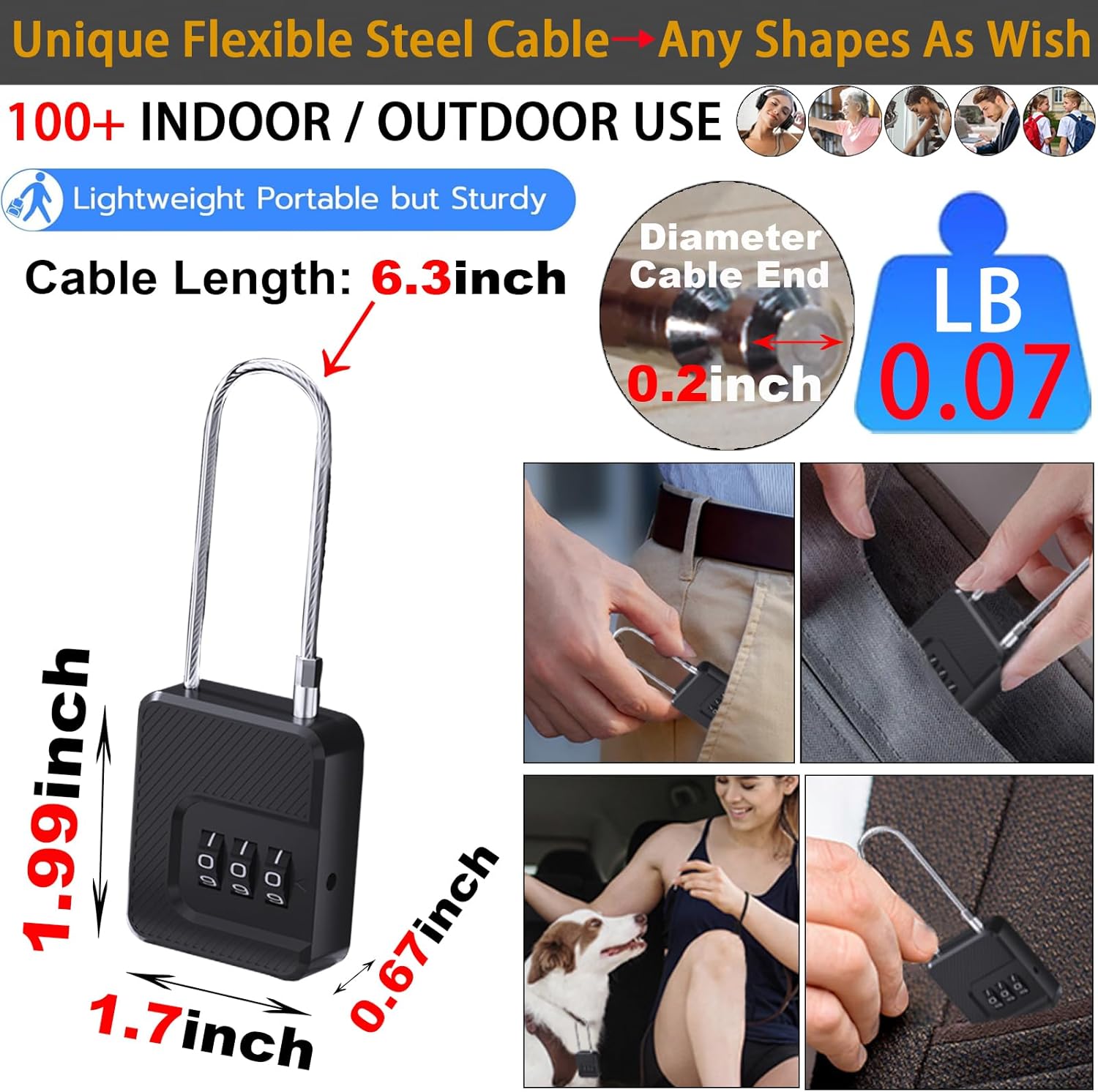 2-Pack Combination Padlock Secure, Gym Locker Lock with 3-Digit for Luggage Backpack Toolbox Cabinet Sport Storage Gate Hasp, Long Cable Latch for Travel Office, Back to School Essential