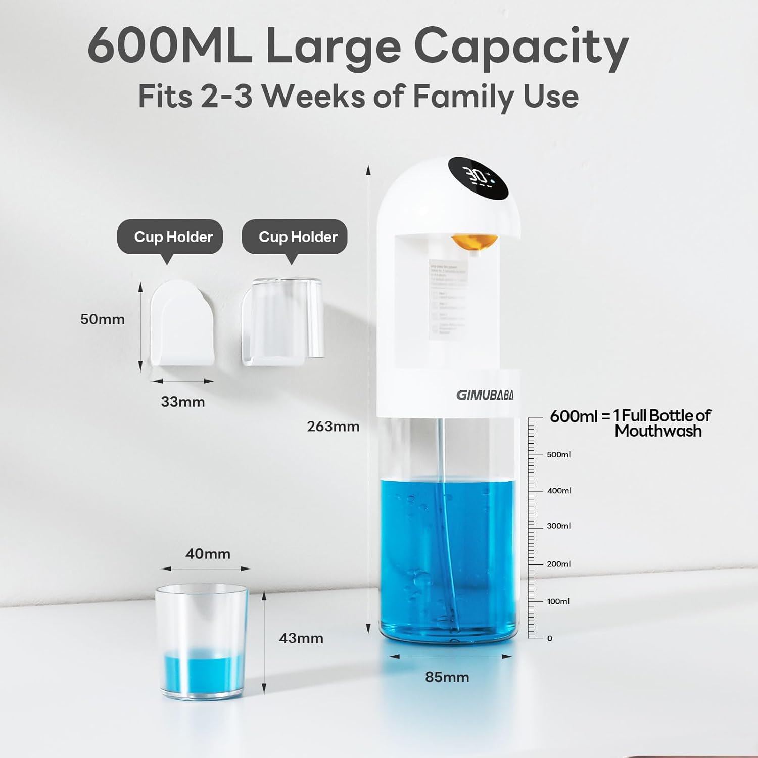 Upgraded Automatic Mouthwash Dispenser with 4 Dispensing Levels for Bathroom-GIMUBABA Smart Mouth Wash Dispenser Sets with 20.3 FL Oz Container,2 Cups & Wall Mount Accessories for Kids & Family,White