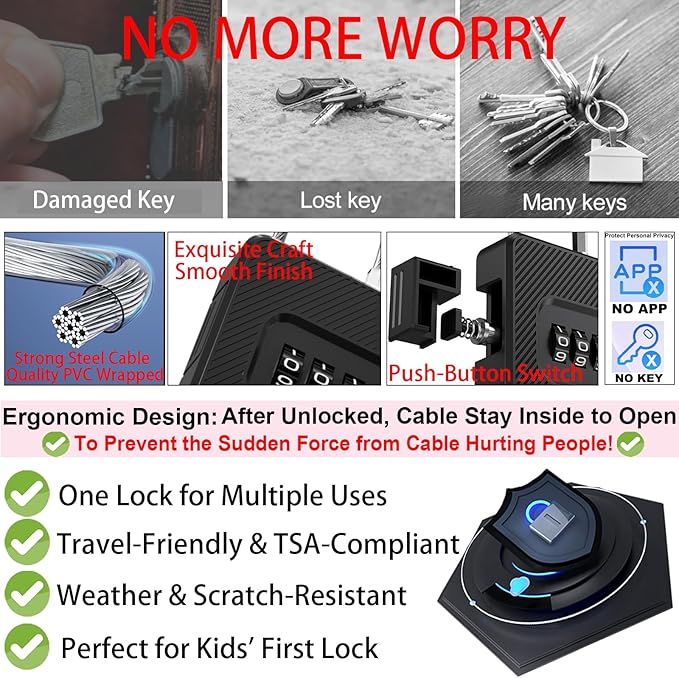 2-Pack Combination Padlock Secure, Gym Locker Lock with 3-Digit for Luggage Backpack Toolbox Cabinet Sport Storage Gate Hasp, Long Cable Latch for Travel Office, Back to School Essential