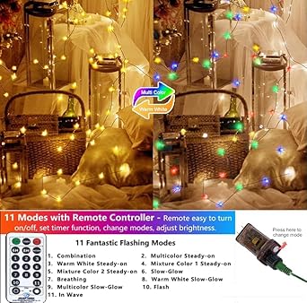 Outdoor Indoor String Lights Christmas 500LED Warm White Multicolor Fairy Lights 164ft Green Wire Dimmable with Remote Control, Waterproof Fairy Light for DIY Christmas Tree