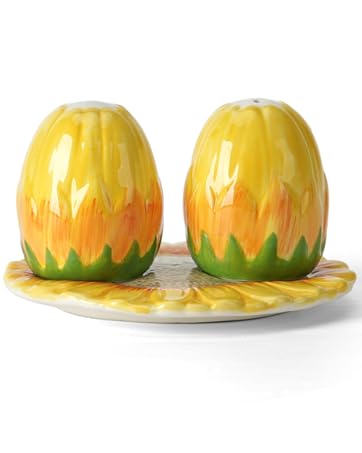 Hand-Painted Sunflower Ceramic Salt and Pepper Shaker Set - Farmhouse Kitchen Decor,Includes Storage Tray, Perfect Housewarming & Hostess,Birthday Gift
