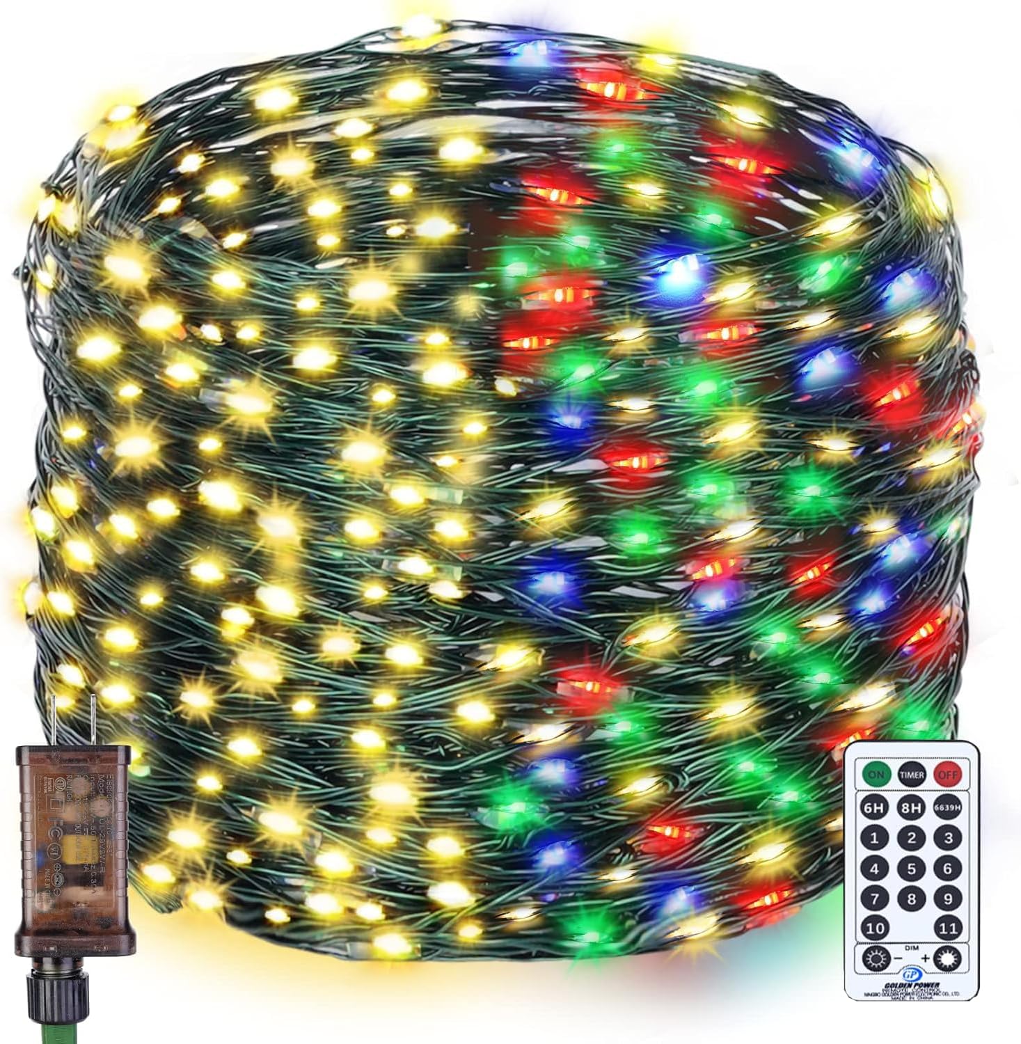 Outdoor Indoor String Lights Christmas 500LED Warm White Multicolor Fairy Lights 164ft Green Wire Dimmable with Remote Control, Waterproof Fairy Light for DIY Christmas Tree