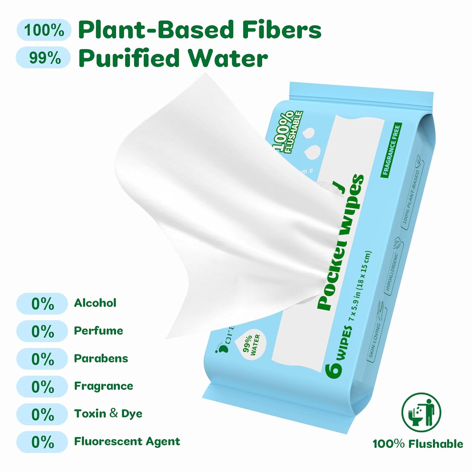 Flushable Wipes Travel Size, 99% Water Mini Wet Wipes for Sensitive Skin, Hypoallergenic &amp; Unscented On The Go Pocket Wipes, 48 Count (8 Packs of 6)