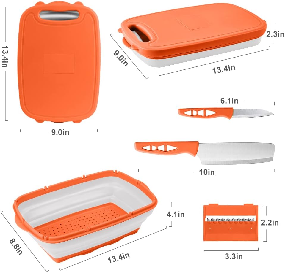 Camping Cutting Board, HI NINGER Collapsible Chopping Board with Colander, 9-In-1 Multi Kitchen Vegetable Washing Basket,Camping Gifts Accessories for RV Campers