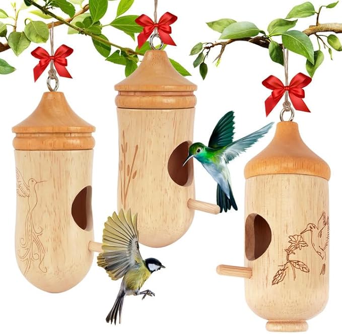 Hummingbird House, Small Wooden Hummingbird House for Outdoors, Cute Bird House with Bow & Hanging String, Garden Decor & Gift