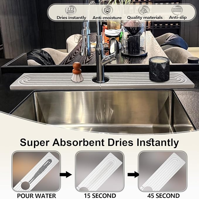 Kitchen Faucet Absorbent Mat, 15.7" Long Stone Faucet Mat For Kitchen Sink, Kitchen Sink Splash Guard Stone, Super Absorbent, Diatomite Kitchen Faucet Mat For Bathroom Counter (Light Gray)