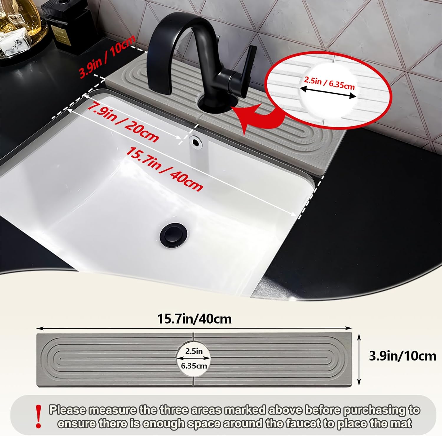 Kitchen Faucet Absorbent Mat, 15.7" Long Stone Faucet Mat For Kitchen Sink, Kitchen Sink Splash Guard Stone, Super Absorbent, Diatomite Kitchen Faucet Mat For Bathroom Counter (Light Gray)
