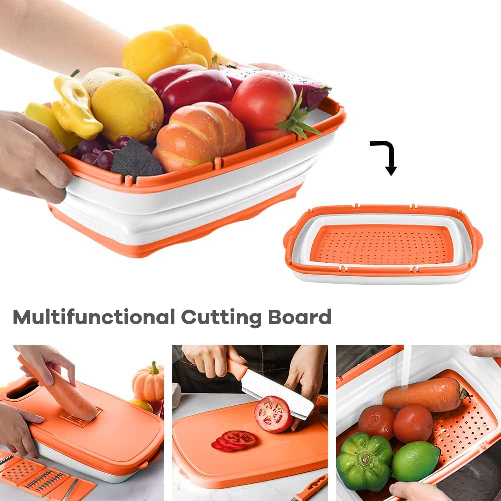 Camping Cutting Board, HI NINGER Collapsible Chopping Board with Colander, 9-In-1 Multi Kitchen Vegetable Washing Basket,Camping Gifts Accessories for RV Campers