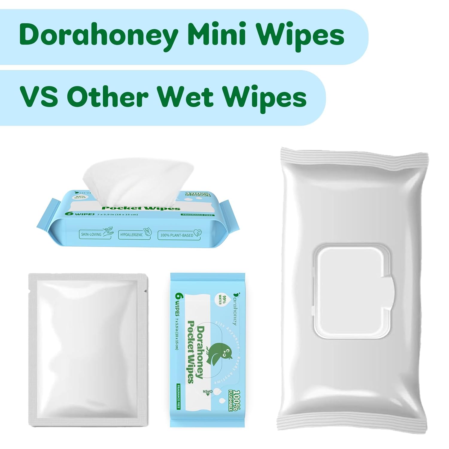 Flushable Wipes Travel Size, 99% Water Mini Wet Wipes for Sensitive Skin, Hypoallergenic &amp; Unscented On The Go Pocket Wipes, 48 Count (8 Packs of 6)