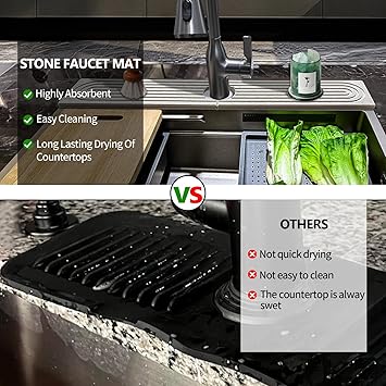 Kitchen Faucet Absorbent Mat, 15.7" Long Stone Faucet Mat For Kitchen Sink, Kitchen Sink Splash Guard Stone, Super Absorbent, Diatomite Kitchen Faucet Mat For Bathroom Counter (Light Gray)