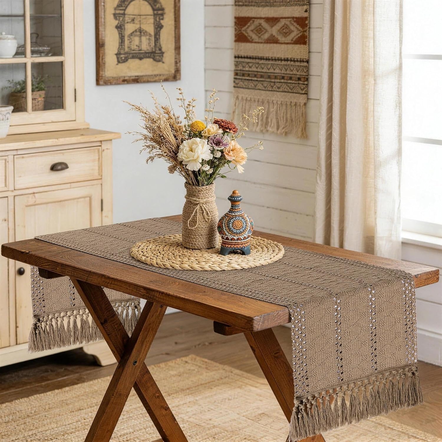yuboo Boho Short Table Runner 36 Inches Long, Spring Macrame Dresser Scarf with Tassels, Farmhouse Small Table Cover Decor for Coffee Table, Dining Room, Bedroom Cabinet, Brown