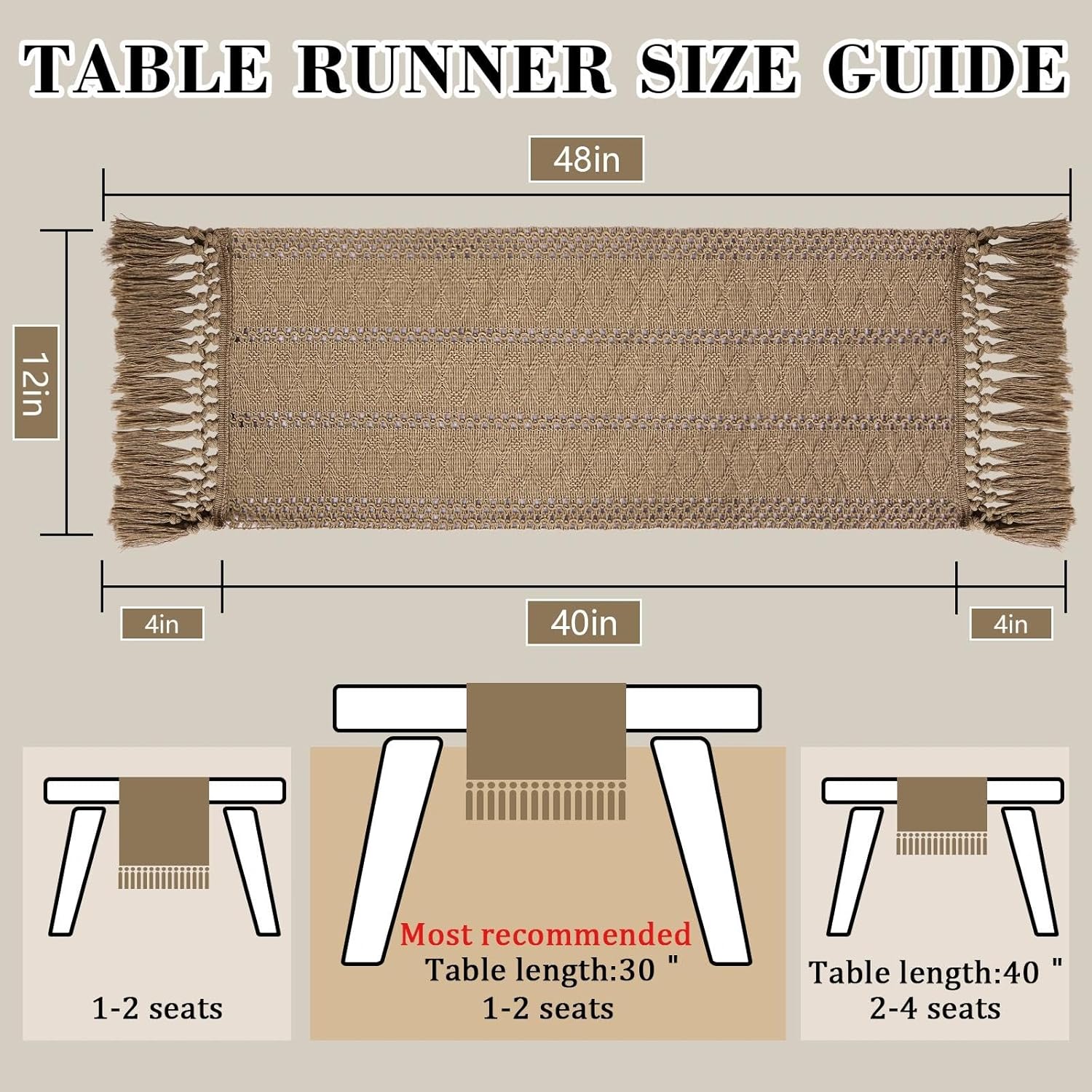 yuboo Boho Short Table Runner 36 Inches Long, Spring Macrame Dresser Scarf with Tassels, Farmhouse Small Table Cover Decor for Coffee Table, Dining Room, Bedroom Cabinet, Brown