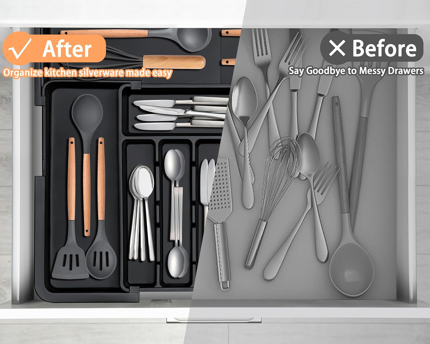 Silverware Organizer Expandable Kitchen Utensil Drawer Organizer Large BPA Free Adjustable Cutlery Silverware Tray for Spoons Forks Knives Storage Divider for Kitchen Flatware 6-9 Slots Black