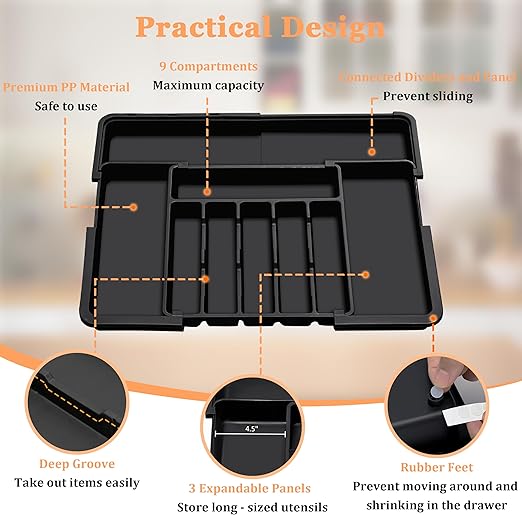 Silverware Organizer Expandable Kitchen Utensil Drawer Organizer Large BPA Free Adjustable Cutlery Silverware Tray for Spoons Forks Knives Storage Divider for Kitchen Flatware 6-9 Slots Black
