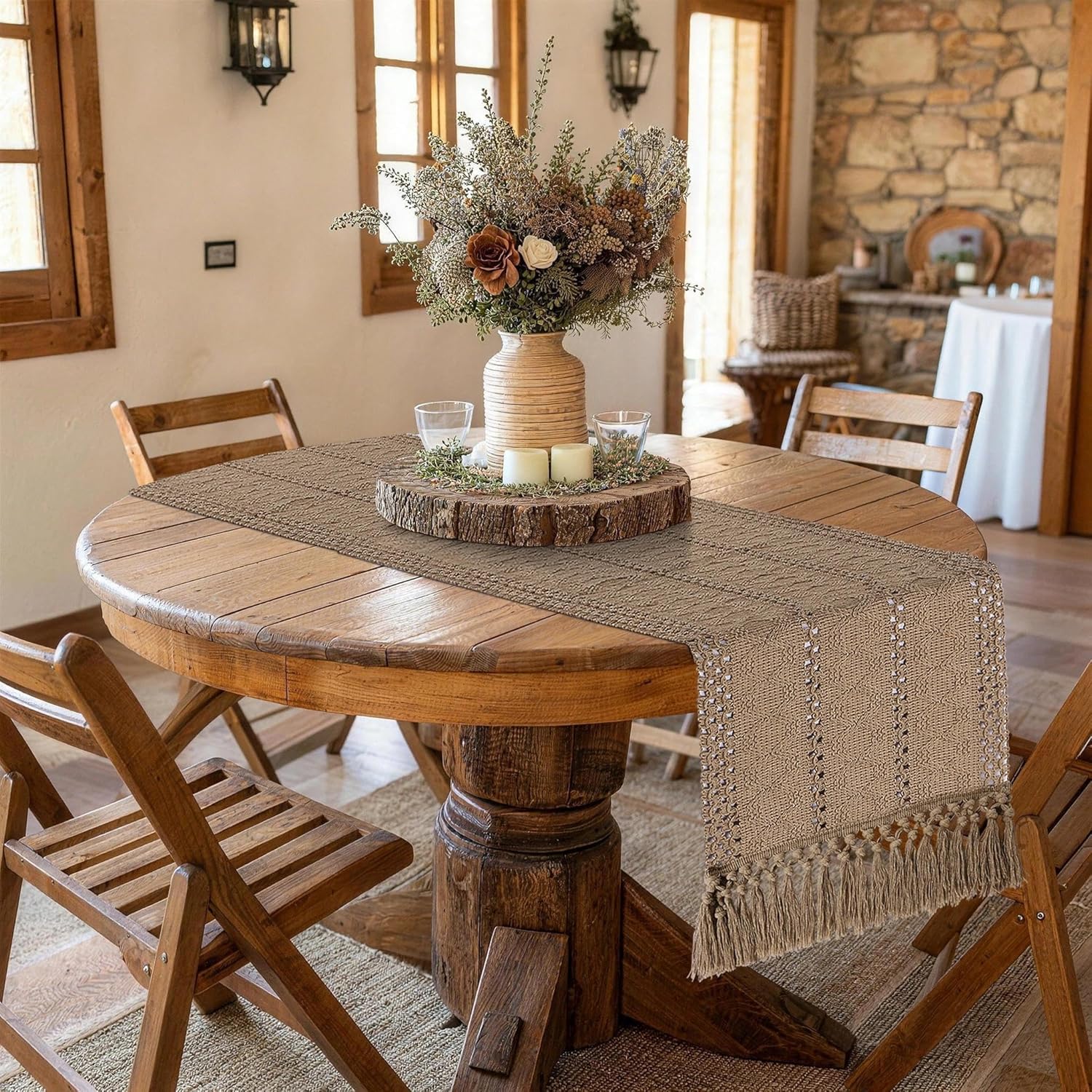 yuboo Boho Short Table Runner 36 Inches Long, Spring Macrame Dresser Scarf with Tassels, Farmhouse Small Table Cover Decor for Coffee Table, Dining Room, Bedroom Cabinet, Brown