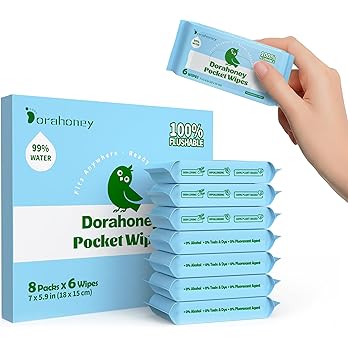 Flushable Wipes Travel Size, 99% Water Mini Wet Wipes for Sensitive Skin, Hypoallergenic & Unscented On The Go Pocket Wipes, 48 Count (8 Packs of 6)