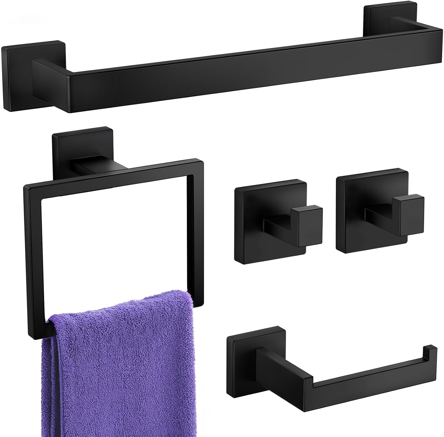 Bathroom Hardware Accessories Set: 7-Pieces Bath Towel Bar Set, Towel Racks for Bathroom Wall Mounted, SUS304 Stainless Steel, Matte Black