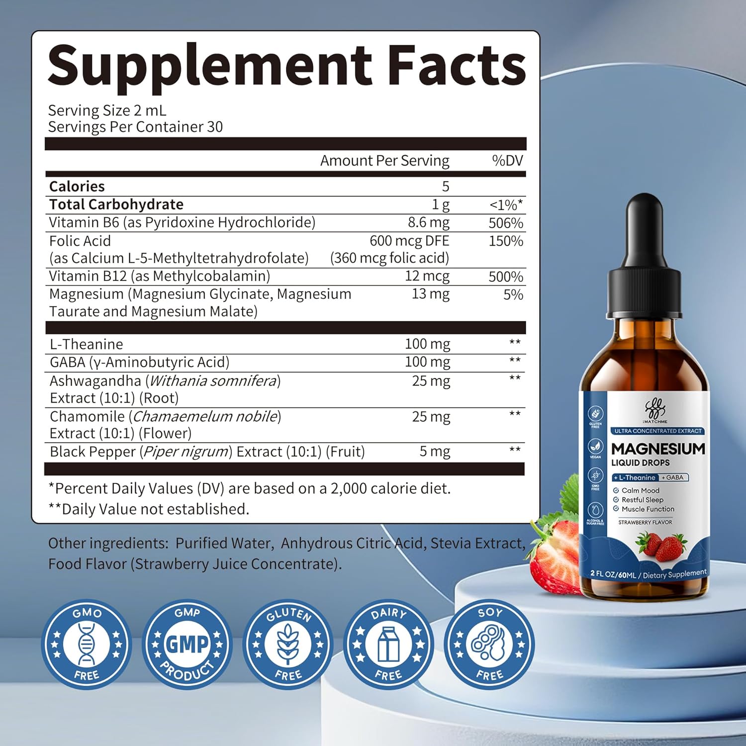 Liquid Magnesium Glycinate Drops for Sleep Support & Nighttime Calm,Magnesium Drops with Chamomile, Ashwagandha, L-Theanine & GABA for Relaxation Support, Gentle Absorption, Strawberry Flavor, 2 Fl Oz