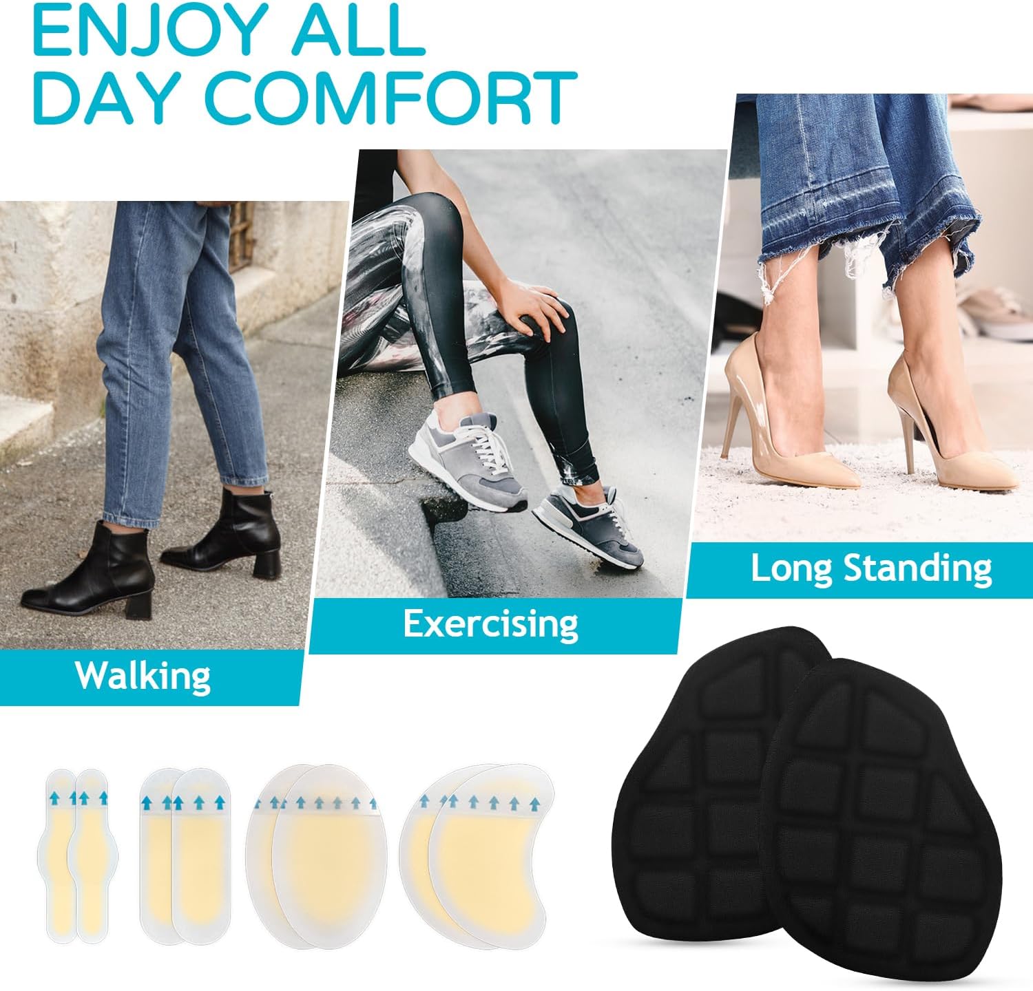 Ball of Foot Cushions for Women 2 Pairs | 8ct Gel Blister Bandages for Feet, Blister Cushion for Heel, Toe, No Slip Metatarsal Pads for Reduce Heel, Toe & Foot Pain, Black