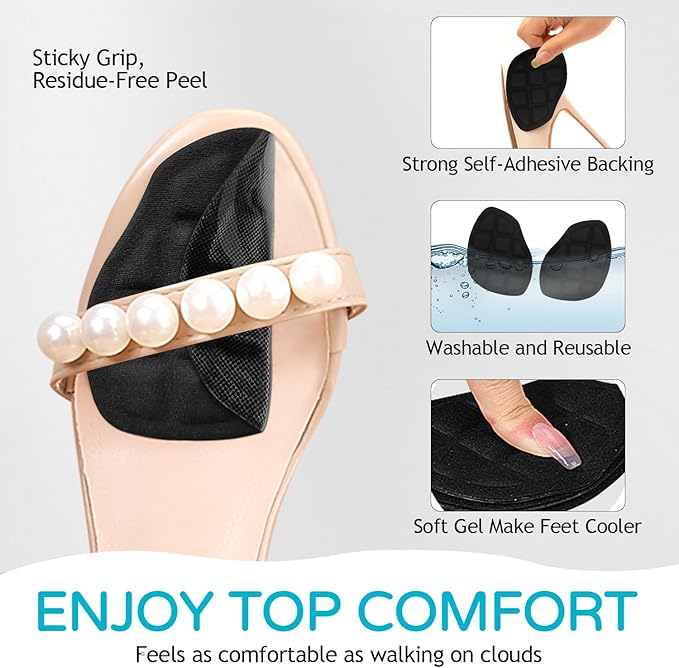 Ball of Foot Cushions for Women 2 Pairs | 8ct Gel Blister Bandages for Feet, Blister Cushion for Heel, Toe, No Slip Metatarsal Pads for Reduce Heel, Toe & Foot Pain, Black