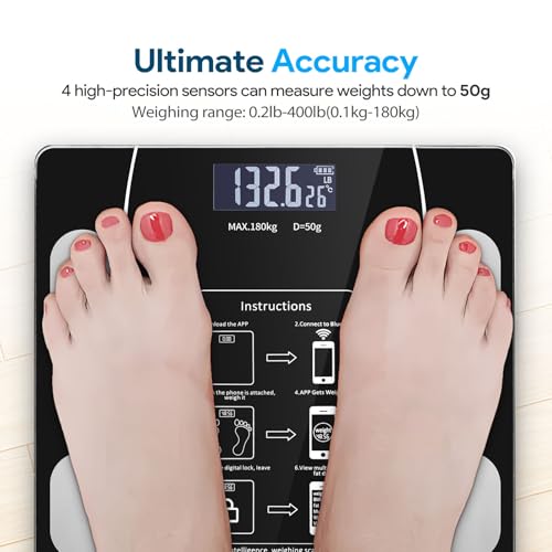 Bluetooth Smart Scale for Body Weight - Measures Weight, BMI, Body Fat, Muscle Mass | Bluetooth Sync to Fitness Apps | Accurate Home Health Monitor【Black】