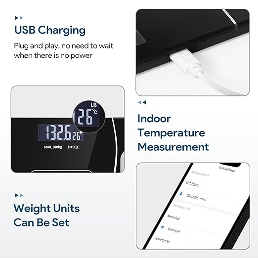 Bluetooth Smart Scale for Body Weight - Measures Weight, BMI, Body Fat, Muscle Mass | Bluetooth Sync to Fitness Apps | Accurate Home Health Monitor【Black】
