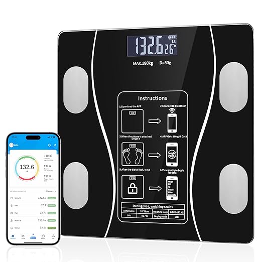 Bluetooth Smart Scale for Body Weight - Measures Weight, BMI, Body Fat, Muscle Mass | Bluetooth Sync to Fitness Apps | Accurate Home Health Monitor【Black】
