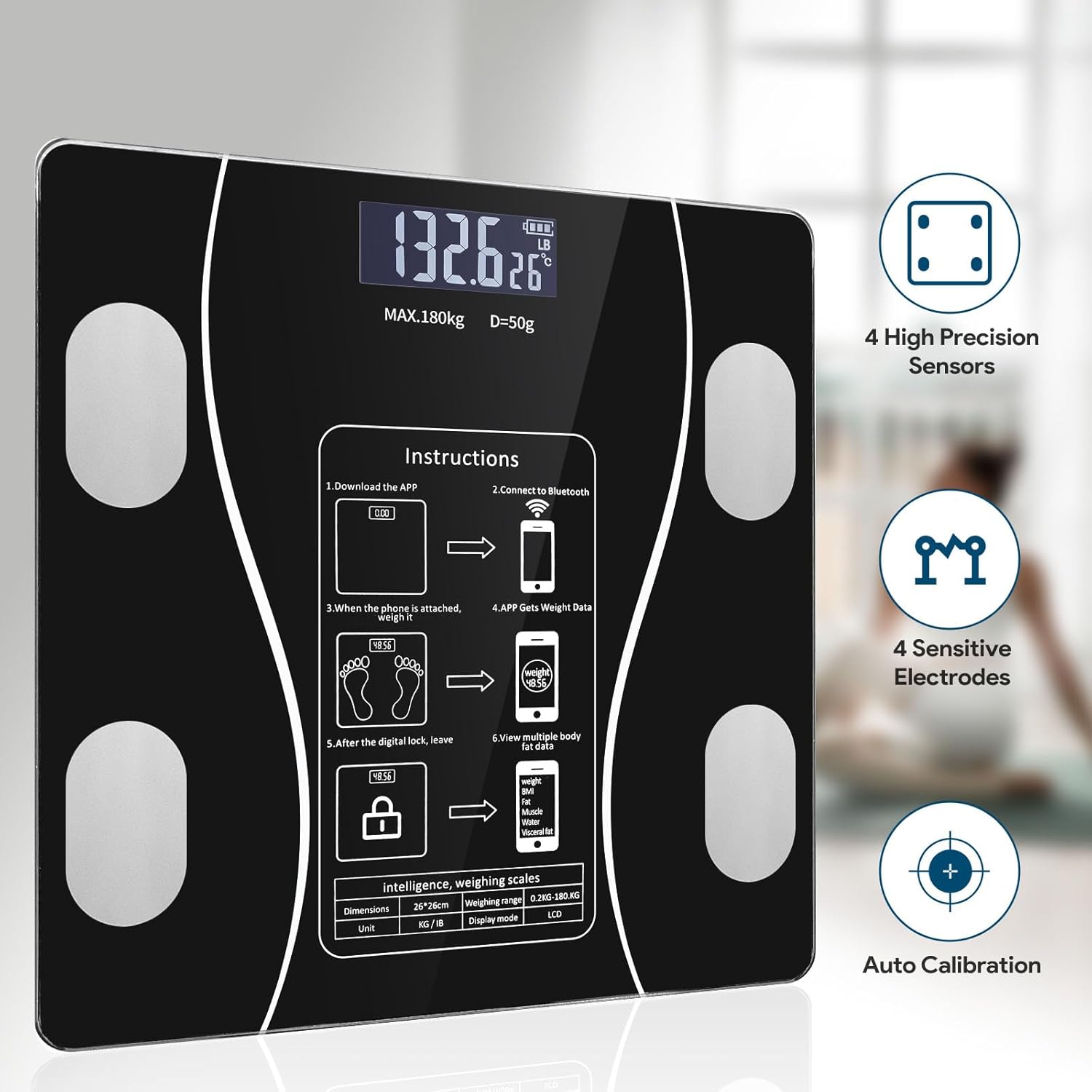 Bluetooth Smart Scale for Body Weight - Measures Weight, BMI, Body Fat, Muscle Mass | Bluetooth Sync to Fitness Apps | Accurate Home Health Monitor【Black】